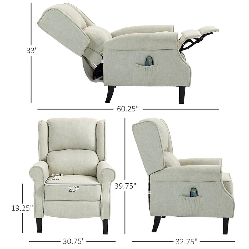 Linen Massage Recliner with Lumbar Heat and Footrest