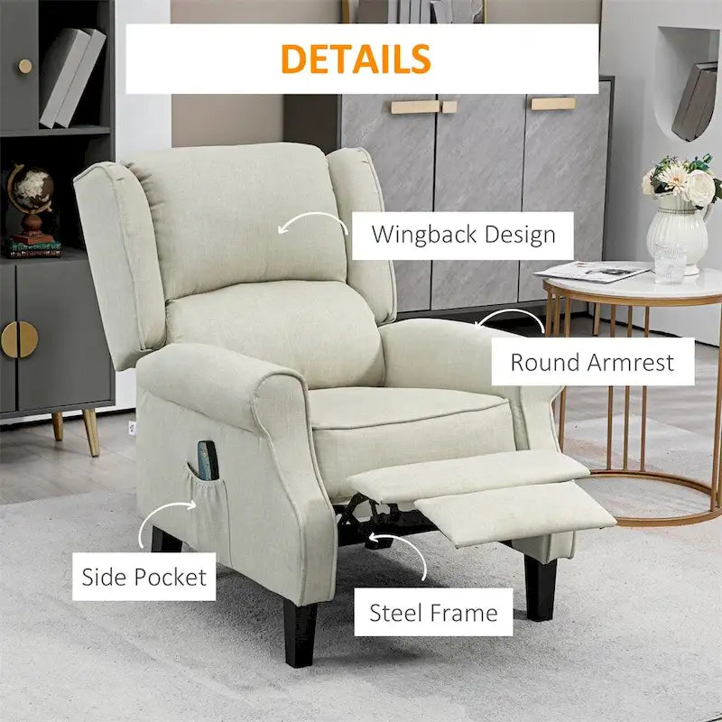 Linen Massage Recliner with Lumbar Heat and Footrest