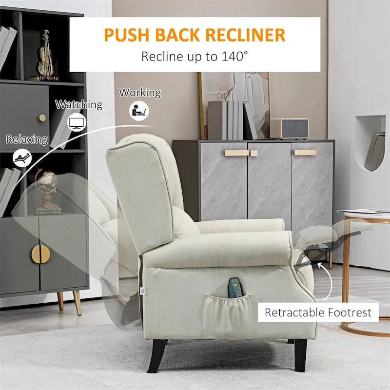 Linen Massage Recliner with Lumbar Heat and Footrest