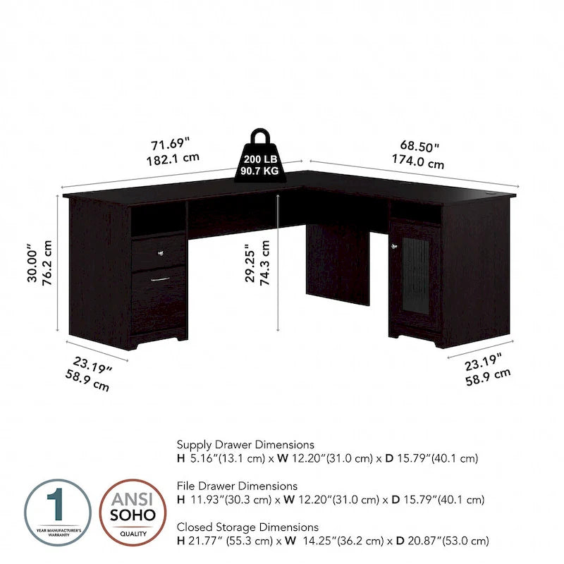 72-Inch L-Shaped Computer Desk with Drawers and Storage Cabinet