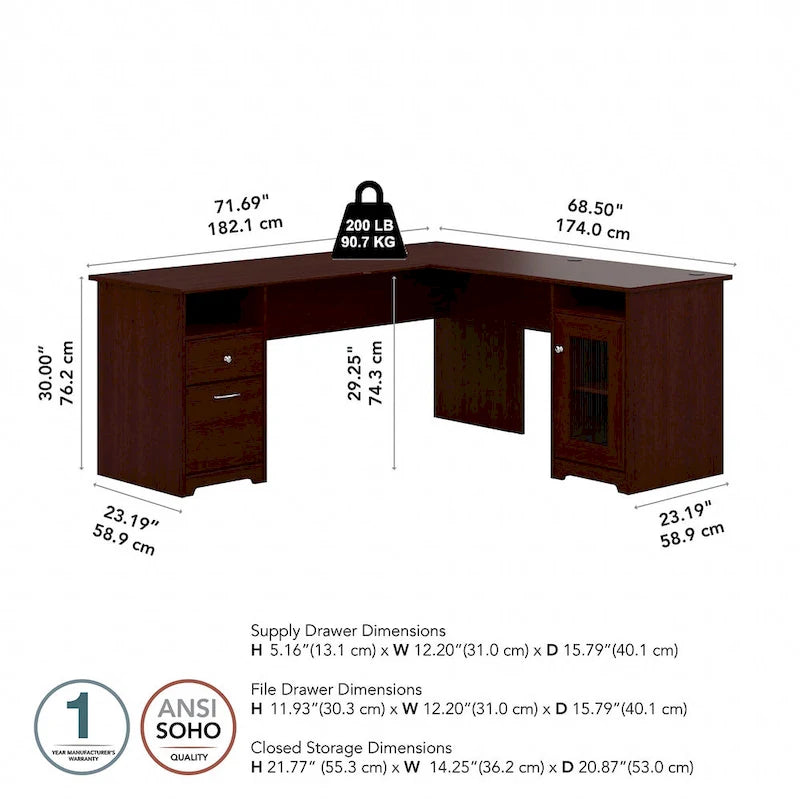 72-Inch L-Shaped Computer Desk with Drawers and Storage Cabinet