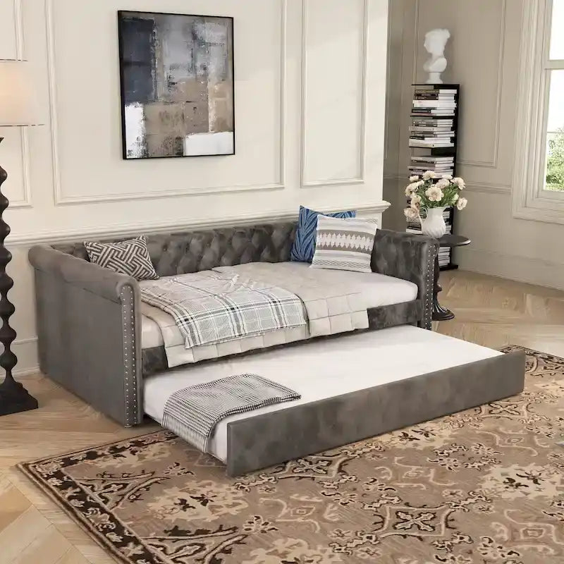Tufted Velvet Daybed with Pull-Out Trundle and Curved Arms