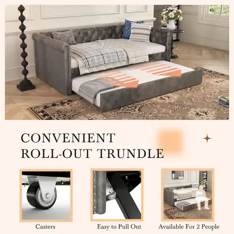 Tufted Velvet Daybed with Pull-Out Trundle and Curved Arms