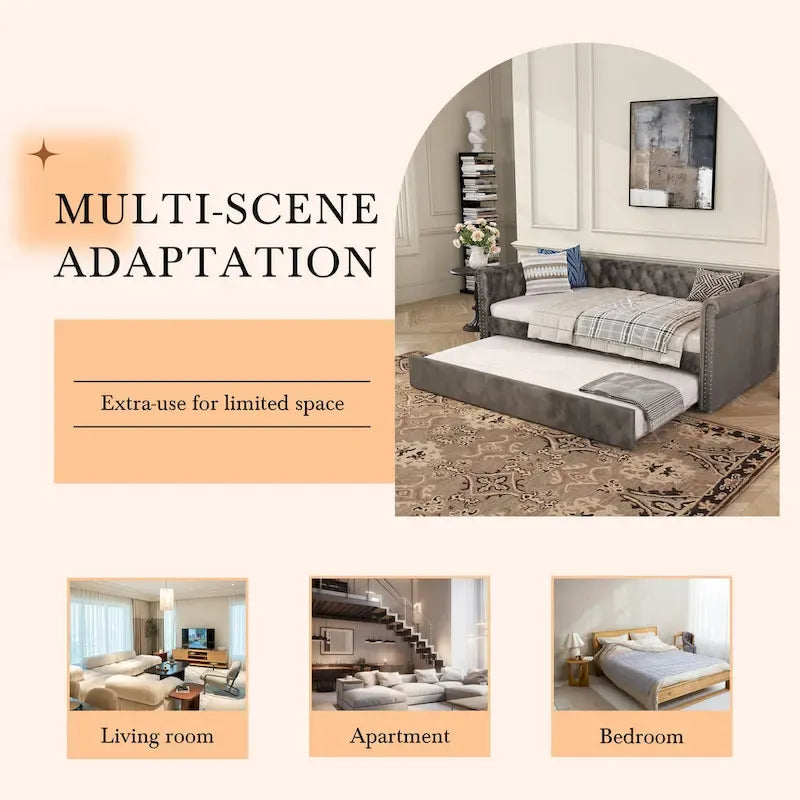 Tufted Velvet Daybed with Pull-Out Trundle and Curved Arms