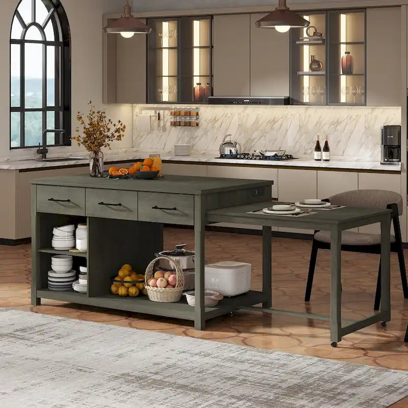 Extendable Kitchen Island with Three Drawers and USB Ports
