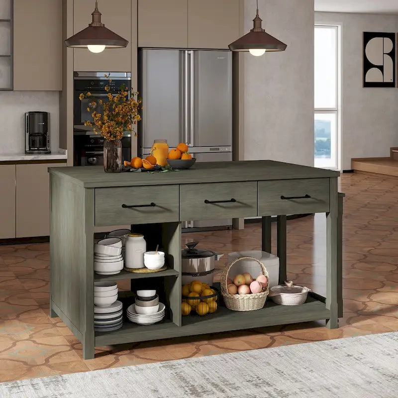 Extendable Kitchen Island with Three Drawers and USB Ports