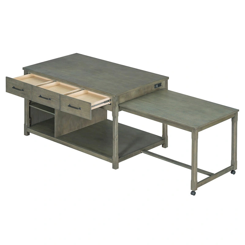 Extendable Kitchen Island with Three Drawers and USB Ports