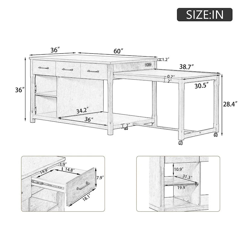 Extendable Kitchen Island with Three Drawers and USB Ports