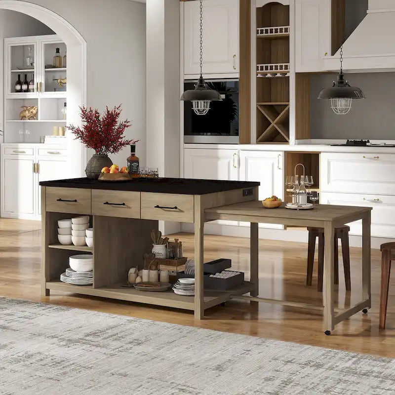 Extendable Kitchen Island with Three Drawers and USB Ports