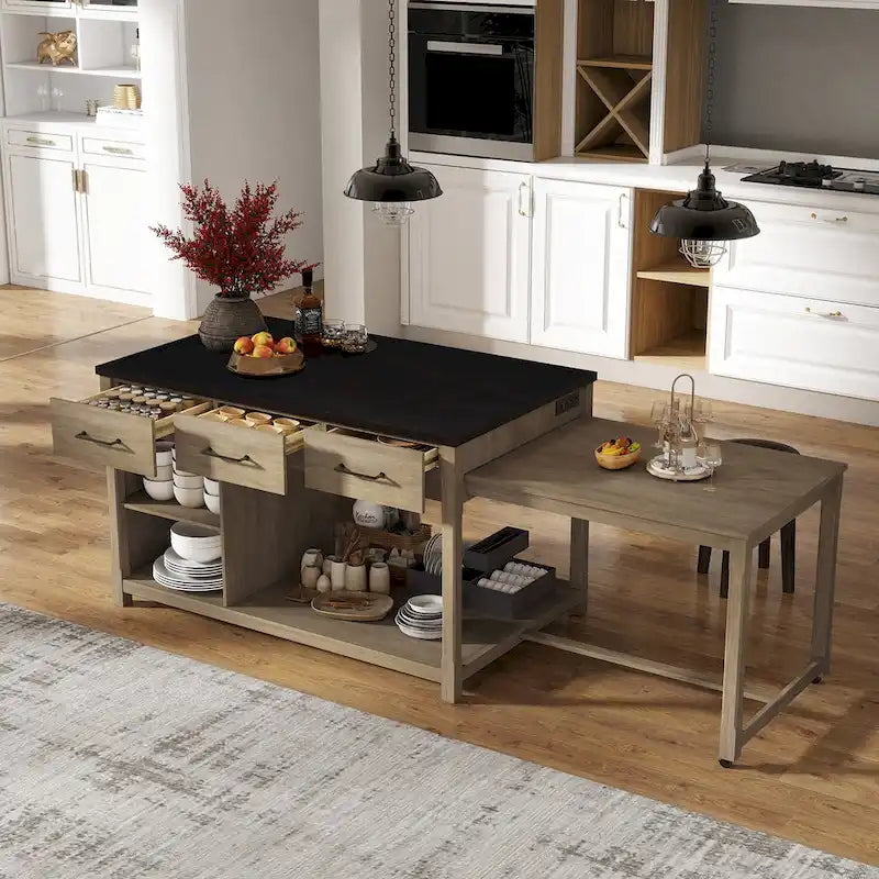 Extendable Kitchen Island with Three Drawers and USB Ports