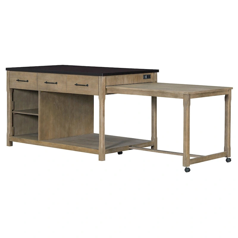 Extendable Kitchen Island with Three Drawers and USB Ports