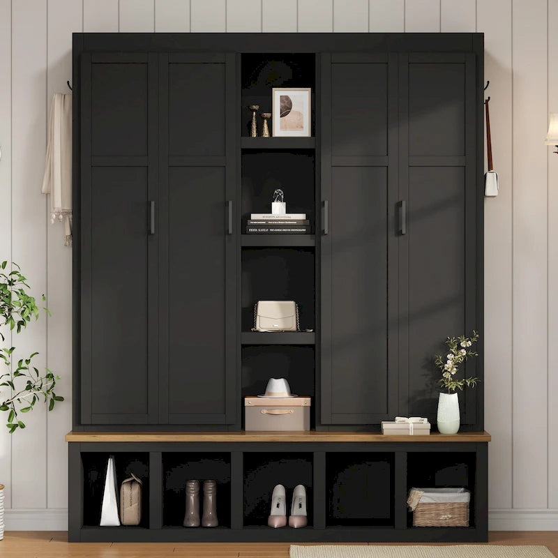 Farmhouse Hall Tree with Storage Bench, 4 Cabinets and 6 Hooks