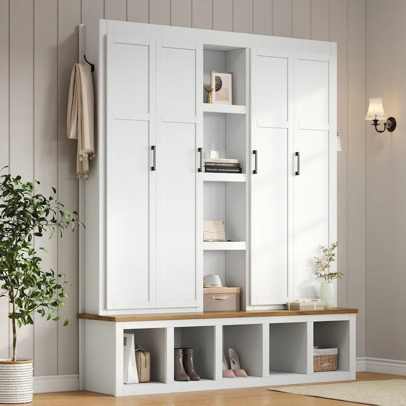Farmhouse Hall Tree with Storage Bench, 4 Cabinets and 6 Hooks