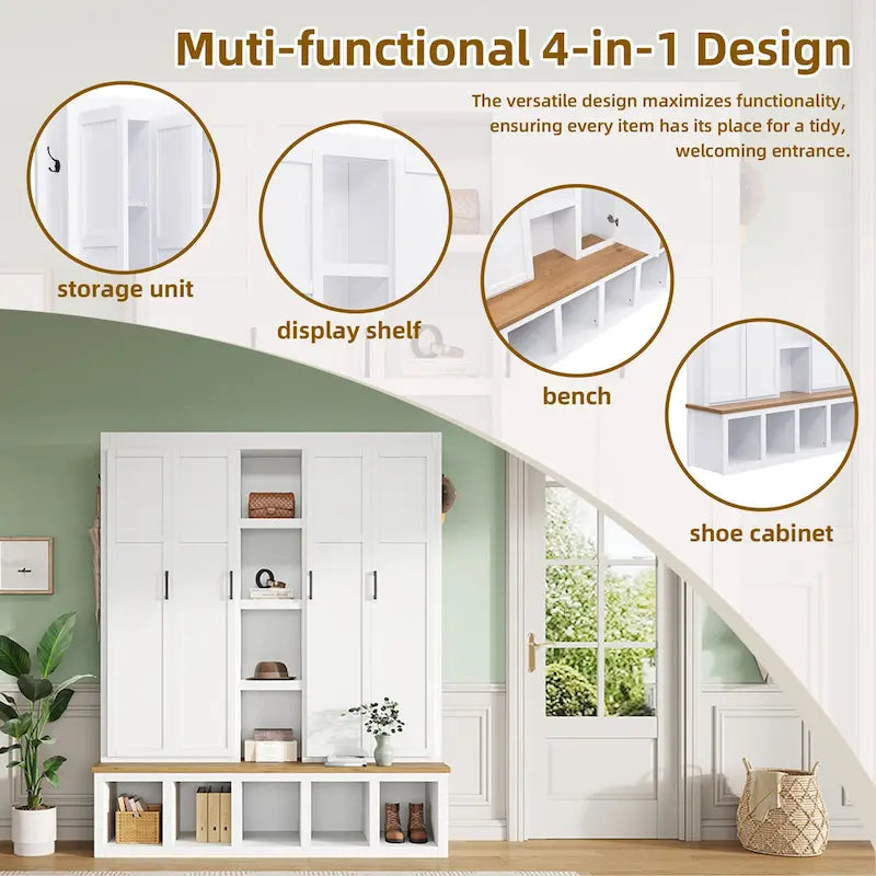 Farmhouse Hall Tree with Storage Bench, 4 Cabinets and 6 Hooks