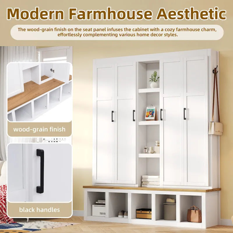 Farmhouse Hall Tree with Storage Bench, 4 Cabinets and 6 Hooks