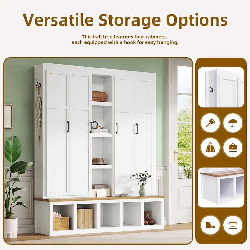 Farmhouse Hall Tree with Storage Bench, 4 Cabinets and 6 Hooks
