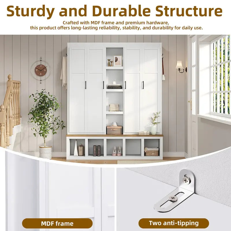 Garderobe im Landhausstil mit Sitzbank, Stauraum, 4 Schränken und 6 Haken