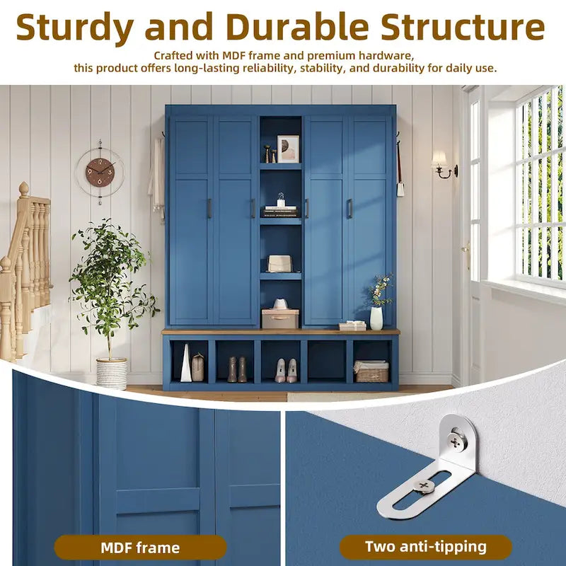 Garderobe im Landhausstil mit Sitzbank, Stauraum, 4 Schränken und 6 Haken