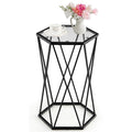 Hexagonal Tempered Glass Side Table with Black Metal Frame