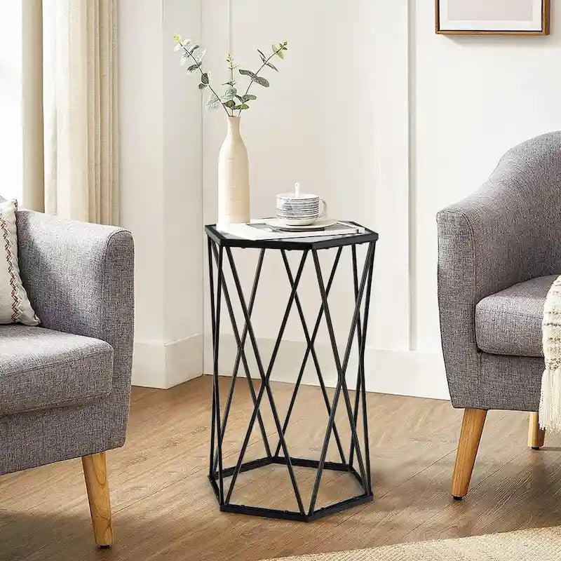 Hexagonal Tempered Glass Side Table with Black Metal Frame