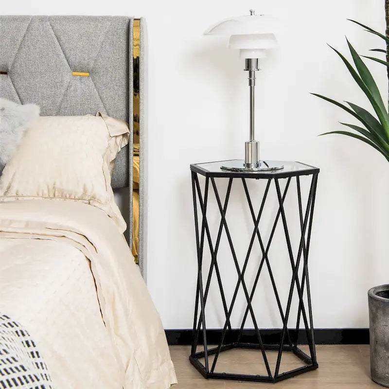 Hexagonal Tempered Glass Side Table with Black Metal Frame