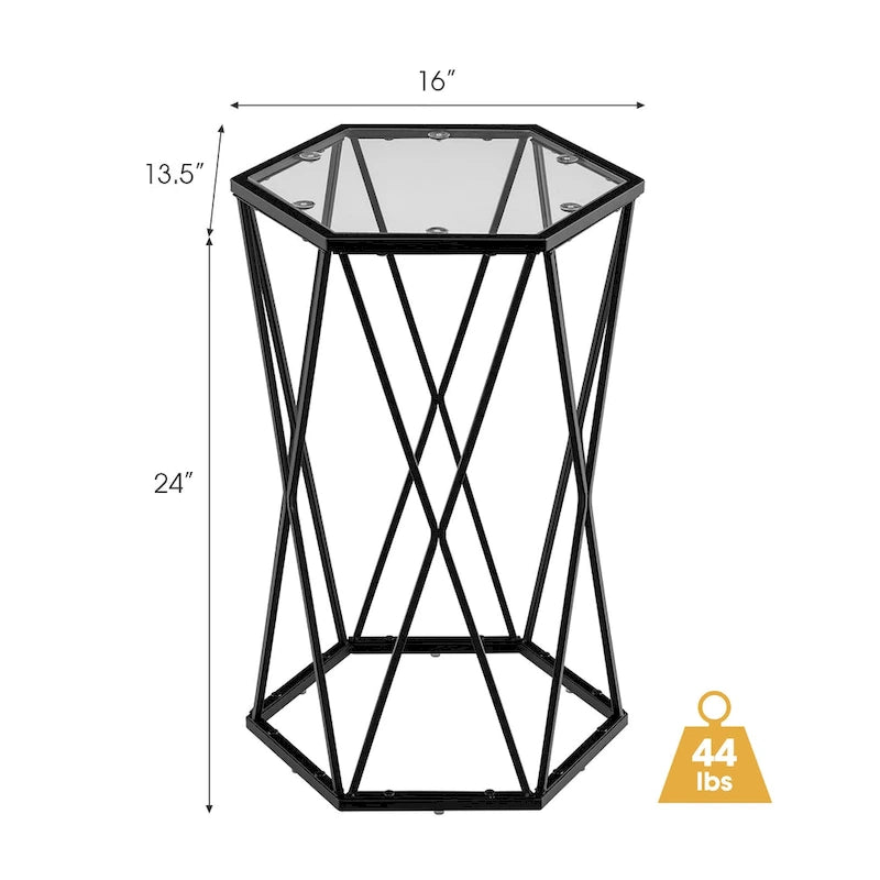 Hexagonal Tempered Glass Side Table with Black Metal Frame
