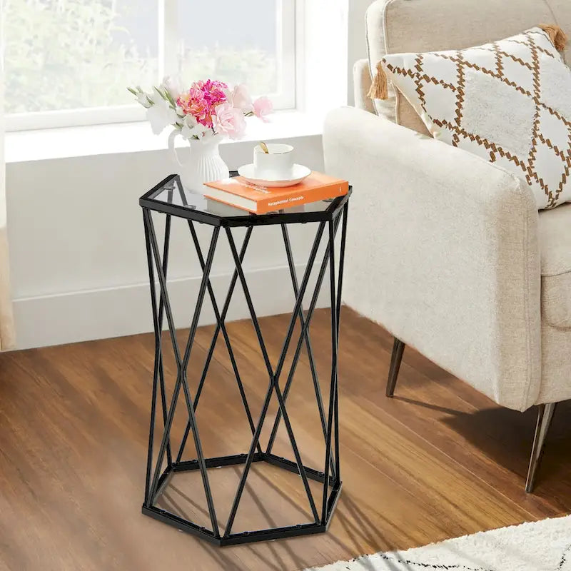 Hexagonal Tempered Glass Side Table with Black Metal Frame