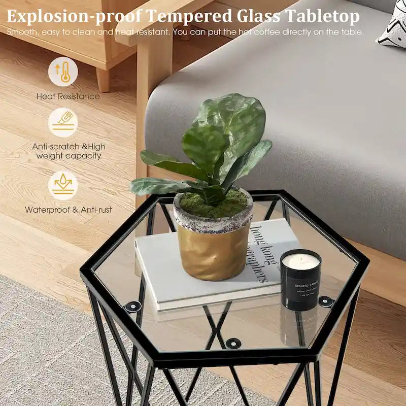 Hexagonal Tempered Glass Side Table with Black Metal Frame