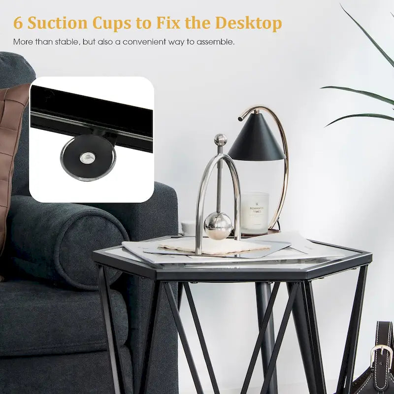 Hexagonal Tempered Glass Side Table with Black Metal Frame