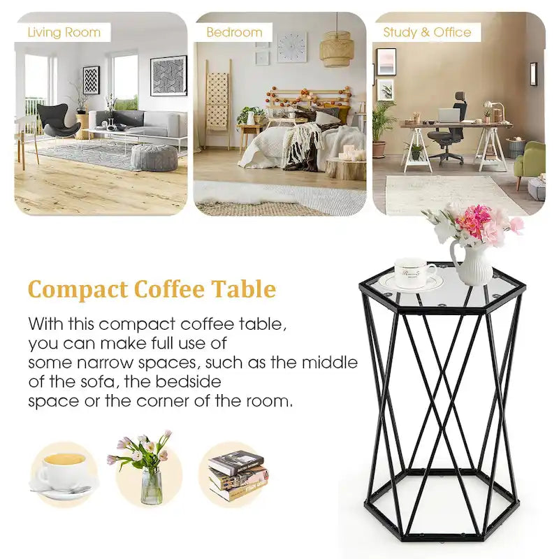 Hexagonal Tempered Glass Side Table with Black Metal Frame