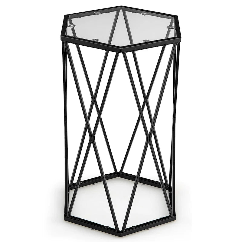 Hexagonal Tempered Glass Side Table with Black Metal Frame