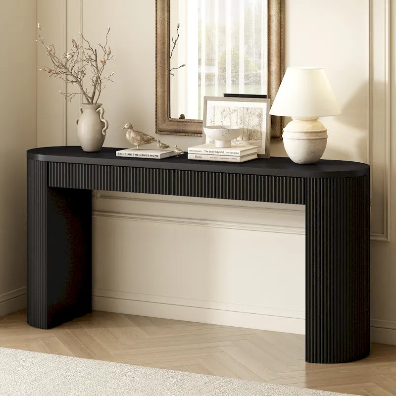 Two-Drawer Console Table with Curved Legs and Pine Veneer