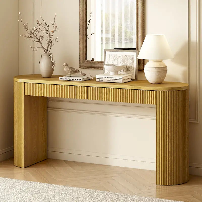 Two-Drawer Console Table with Curved Legs and Pine Veneer