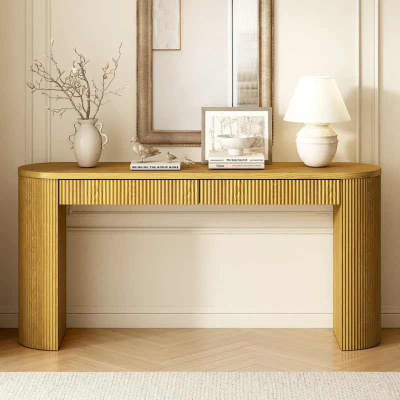 Two-Drawer Console Table with Curved Legs and Pine Veneer