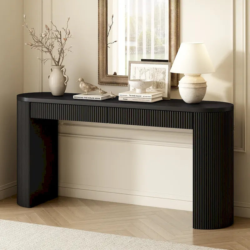 Two-Drawer Console Table with Curved Legs and Pine Veneer