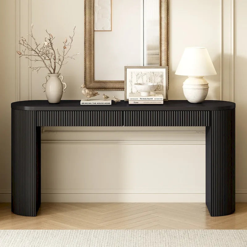 Two-Drawer Console Table with Curved Legs and Pine Veneer