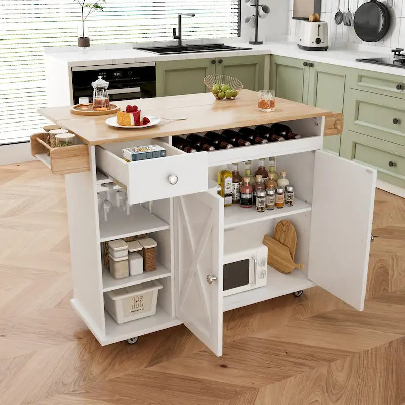 44-Inch Rolling Kitchen Island Cart with Wine Rack and Storage
