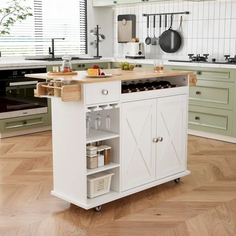 44-Inch Rolling Kitchen Island Cart with Wine Rack and Storage
