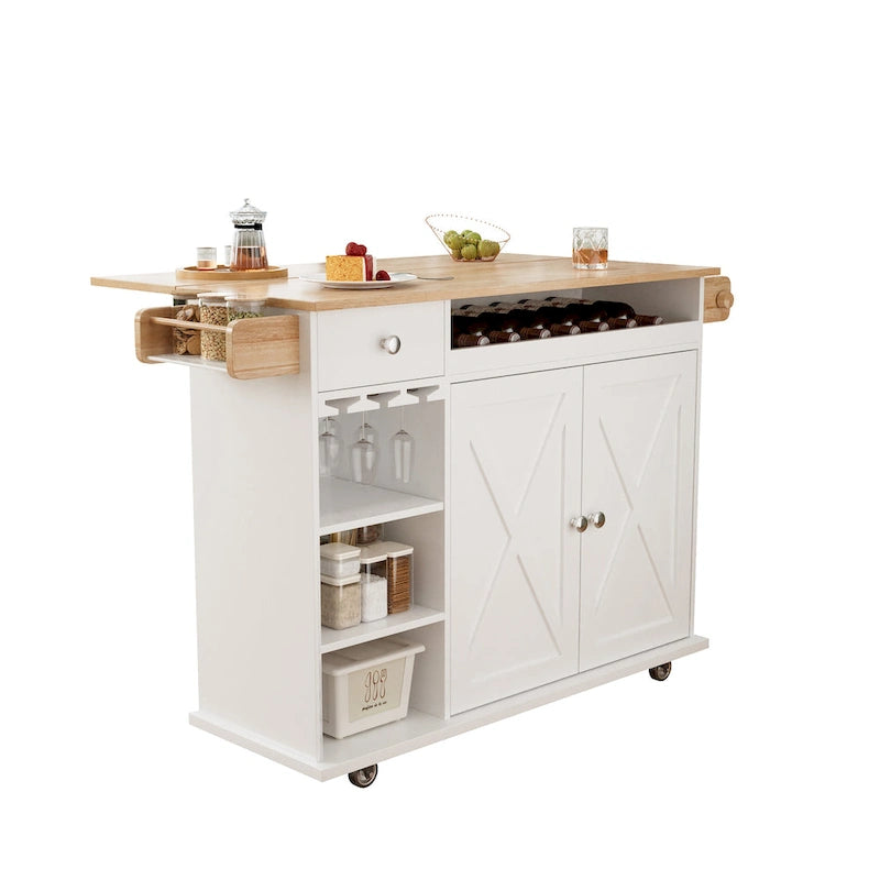 44-Inch Rolling Kitchen Island Cart with Wine Rack and Storage