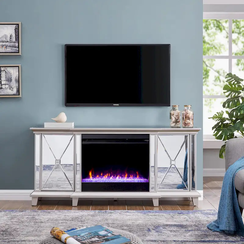 Mirrored TV Stand with Color-Changing Electric Fireplace for TVs up to 62 Inches