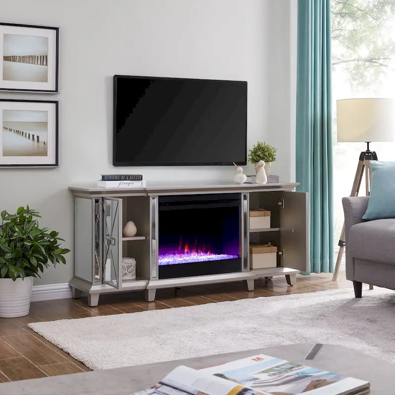 Mirrored TV Stand with Color-Changing Electric Fireplace for TVs up to 62 Inches