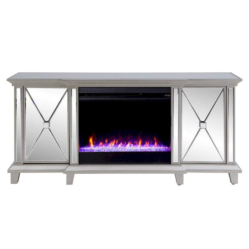Mirrored TV Stand with Color-Changing Electric Fireplace for TVs up to 62 Inches