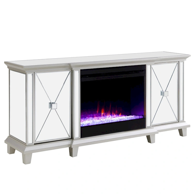 Mirrored TV Stand with Color-Changing Electric Fireplace for TVs up to 62 Inches