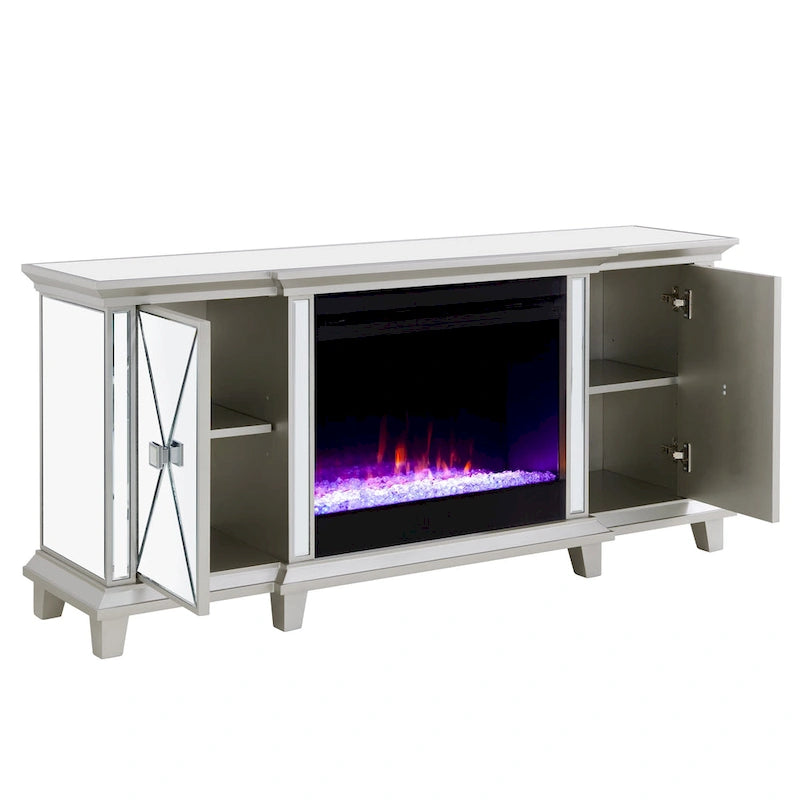 Mirrored TV Stand with Color-Changing Electric Fireplace for TVs up to 62 Inches