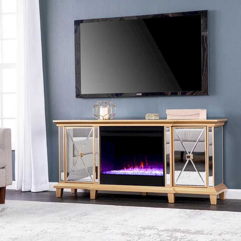Mirrored TV Stand with Color-Changing Electric Fireplace for TVs up to 62 Inches