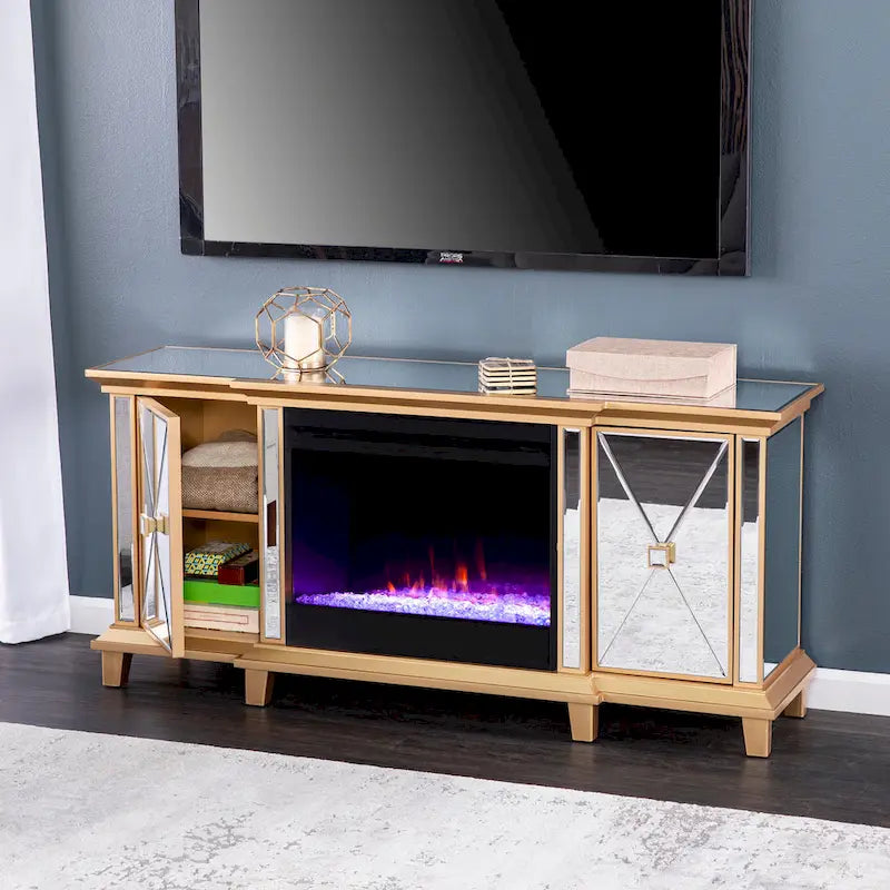 Mirrored TV Stand with Color-Changing Electric Fireplace for TVs up to 62 Inches