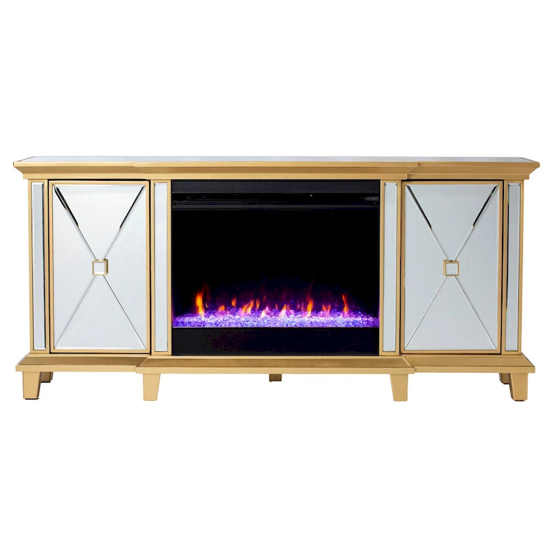 Mirrored TV Stand with Color-Changing Electric Fireplace for TVs up to 62 Inches
