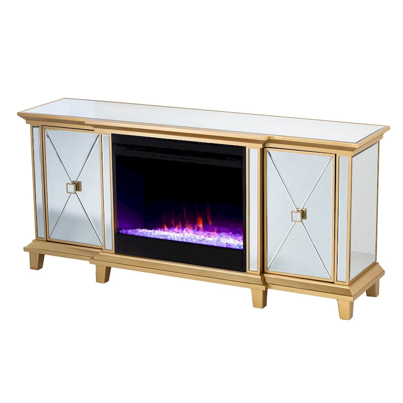 Mirrored TV Stand with Color-Changing Electric Fireplace for TVs up to 62 Inches