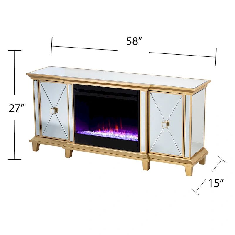 Mirrored TV Stand with Color-Changing Electric Fireplace for TVs up to 62 Inches