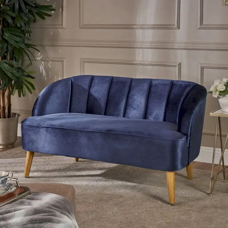 Retro Velvet Loveseat with Channel Tufting and Birch Wood Legs